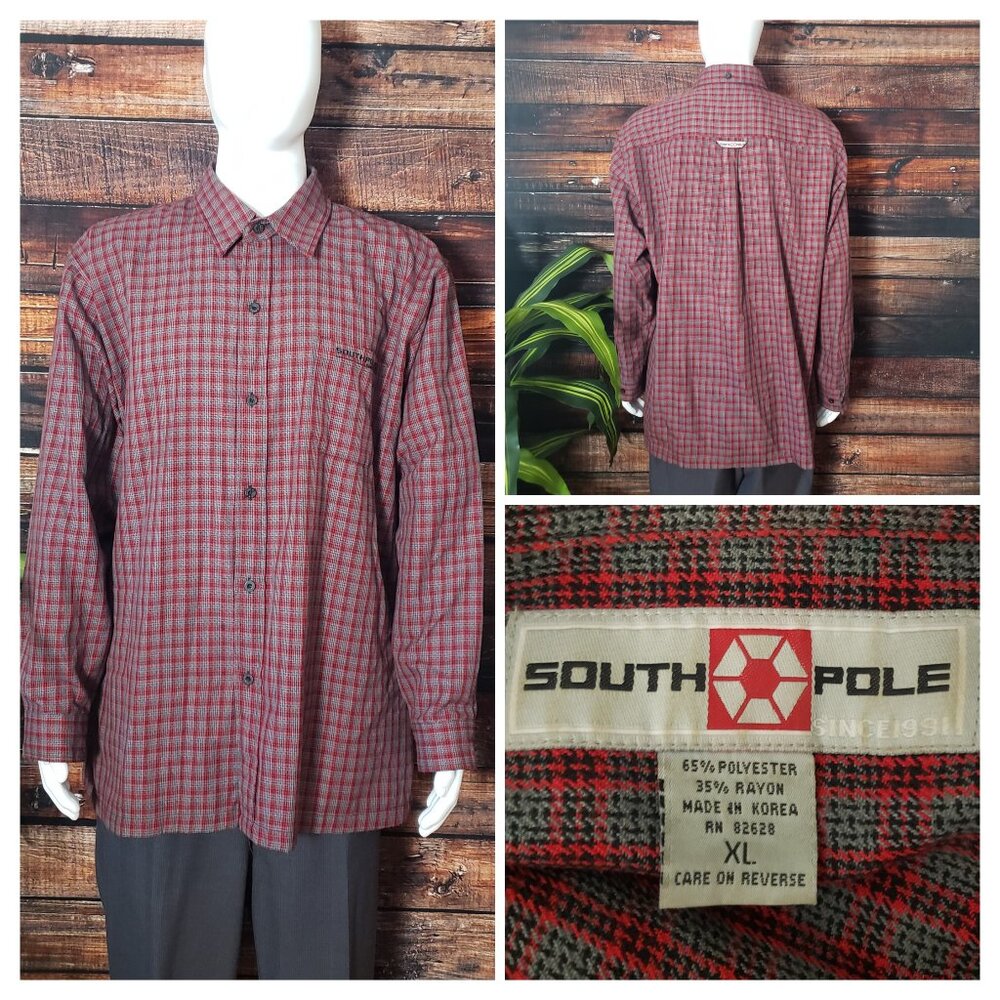 Southpole Top XL Vintage Y2K Thick Flannel Button Up Shirt Red Gray Plaid